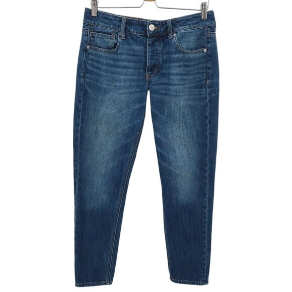 American Eagle Women 8 Tomgirl Button Fly Whiskered Blue Denim Jean Cotton Blend - Picture 1 of 14